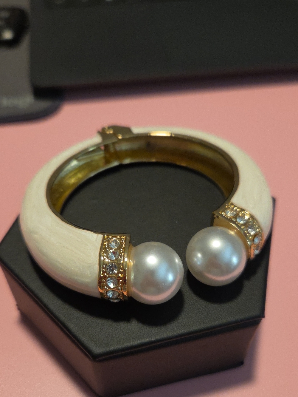 Gold-Tone White Enamel Bracelet with Pearl Endcaps and Crystal Accents